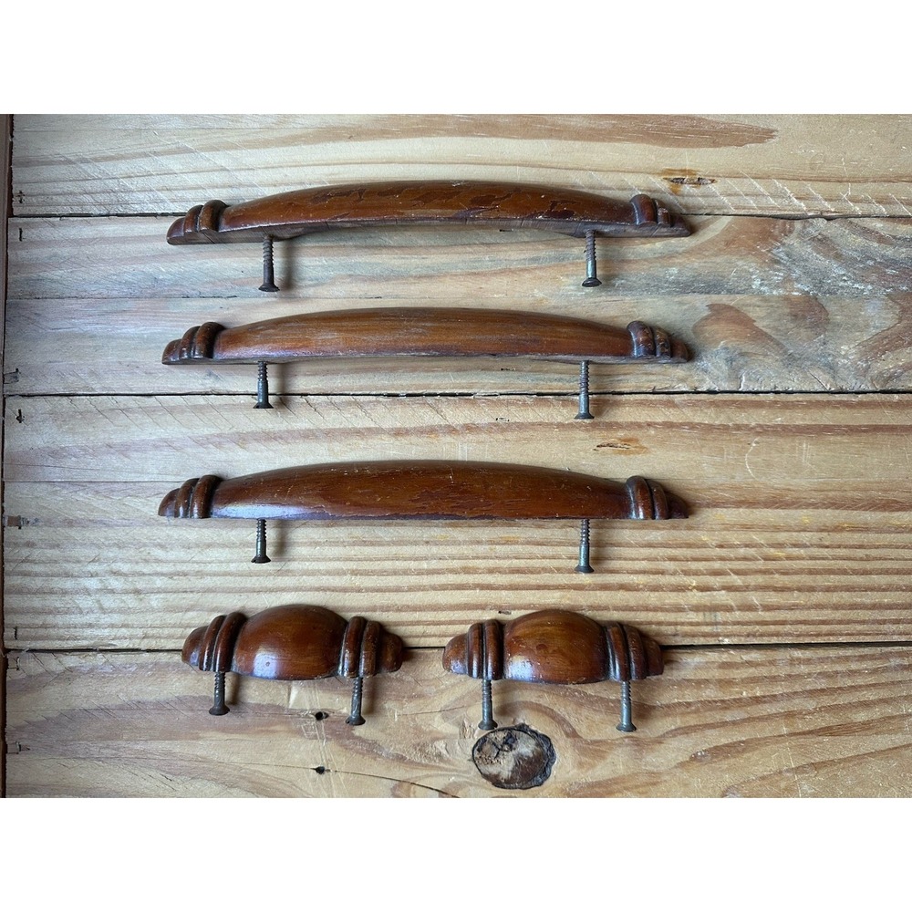 Vintage Drawer Pulls Antique Wooden Cabinet Handles Set Of 5 Wood Unique‎